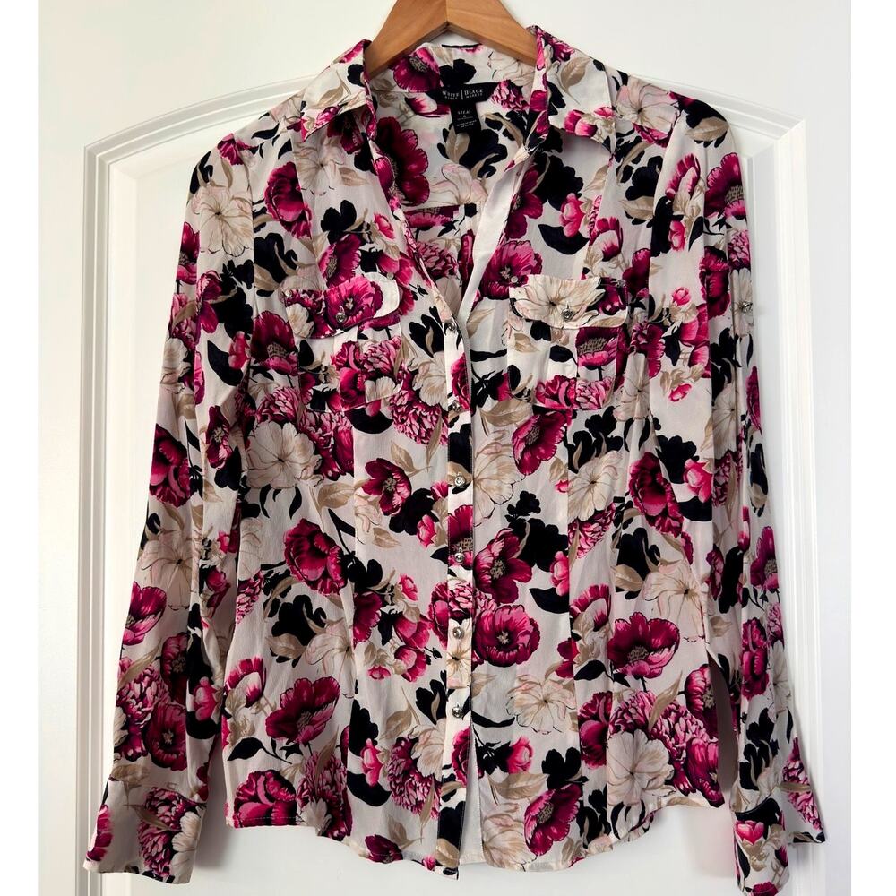 White House Black Market 100% Silk Floral Button Down Blouse Shirt Pink Size 6